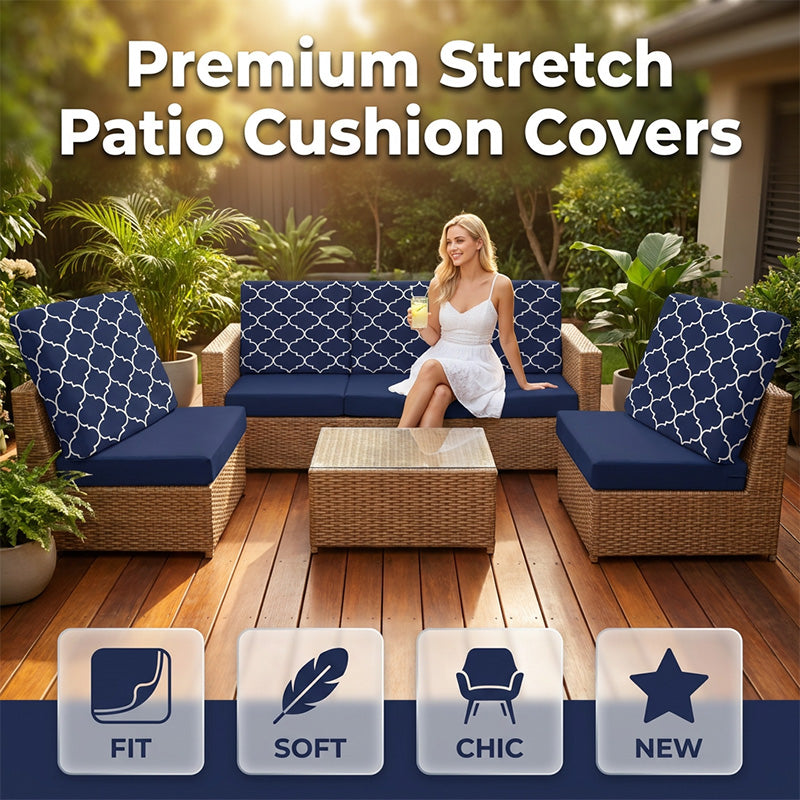 Stretch Patio Cushion Covers – Navy Trellis, Splash-Resistant 🛋️🌊