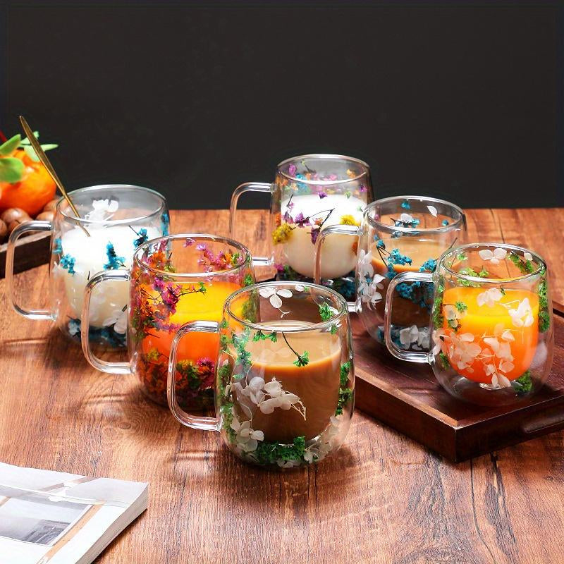 Double Layer Dried Flower Glass Mug – 10oz Tea &Coffee Cup 🌸🍵