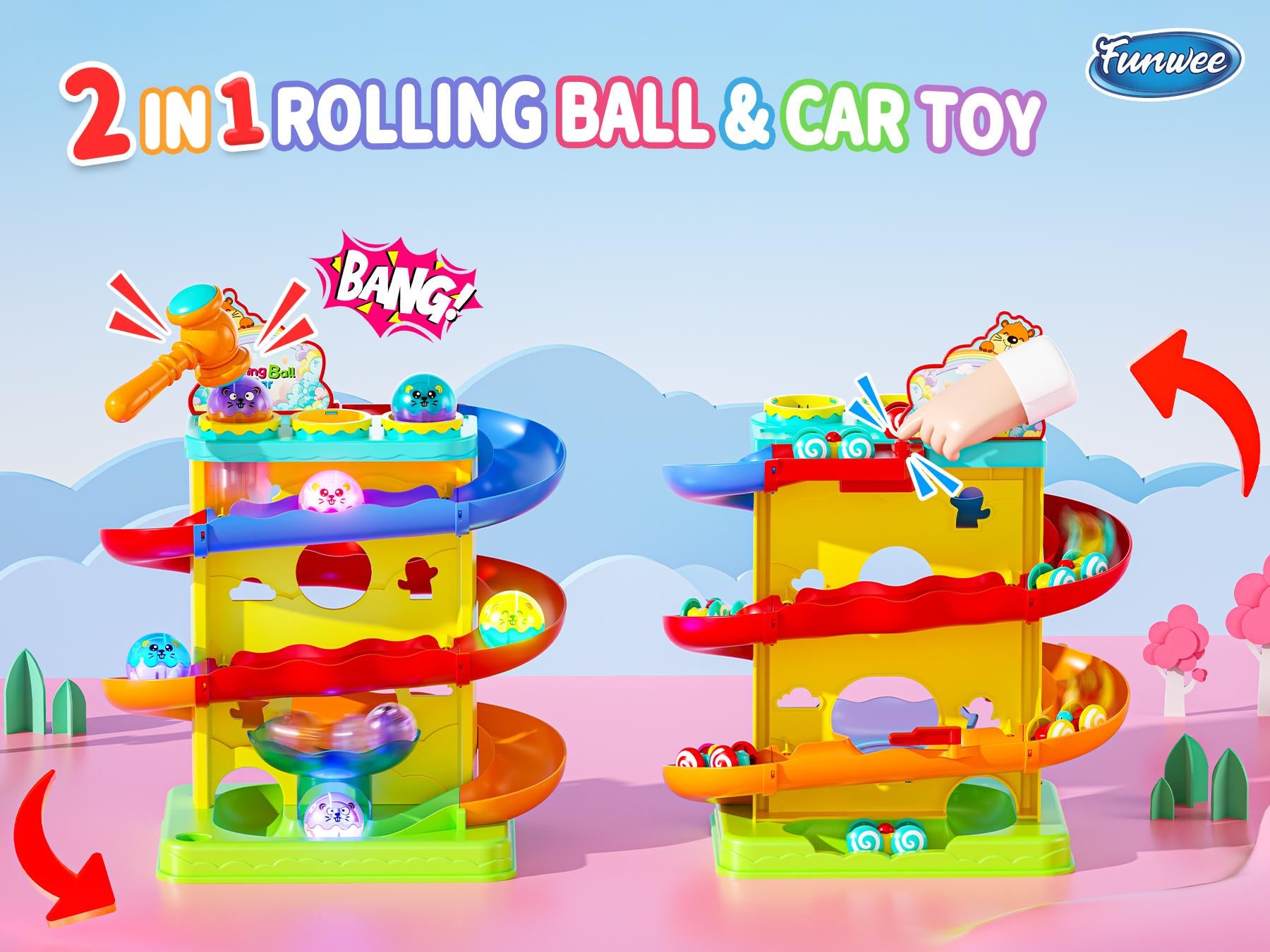 👧🌺Children's Day gift🔥2-in-1 Rolling Ball & Car Ramp Toy – Montessori Learning Game with Hammer & Lights