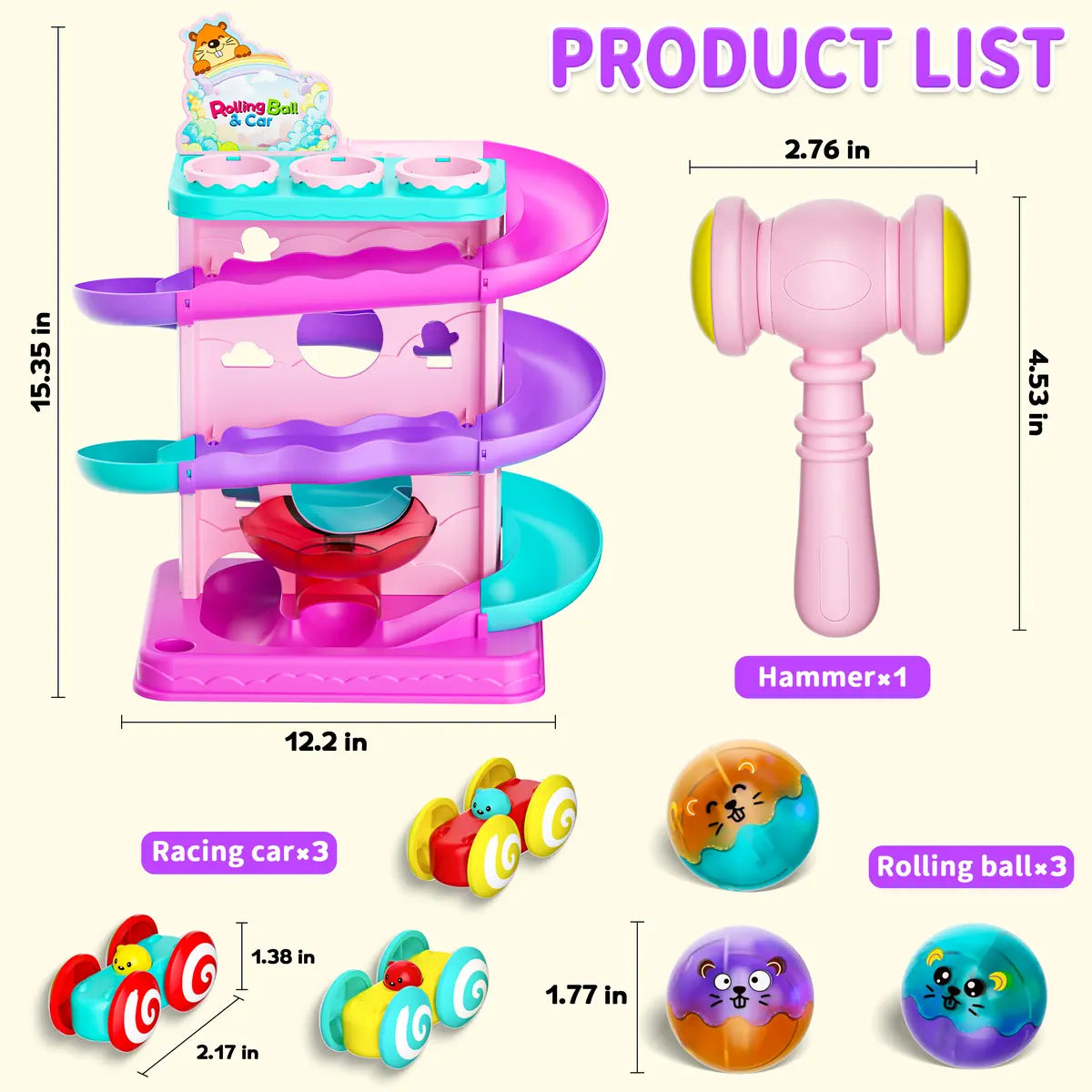 👧🌺Children's Day gift🔥2-in-1 Rolling Ball & Car Ramp Toy – Montessori Learning Game with Hammer & Lights