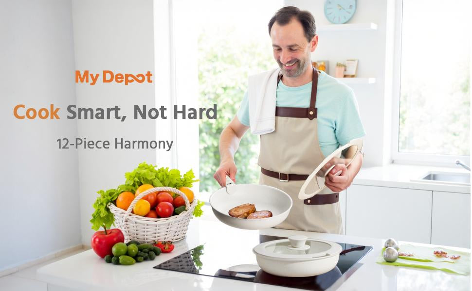 Summer Deal: 12-Piece Nonstick Pots & Pans Set with Detachable Handle - Induction, Oven & Dishwasher Safe