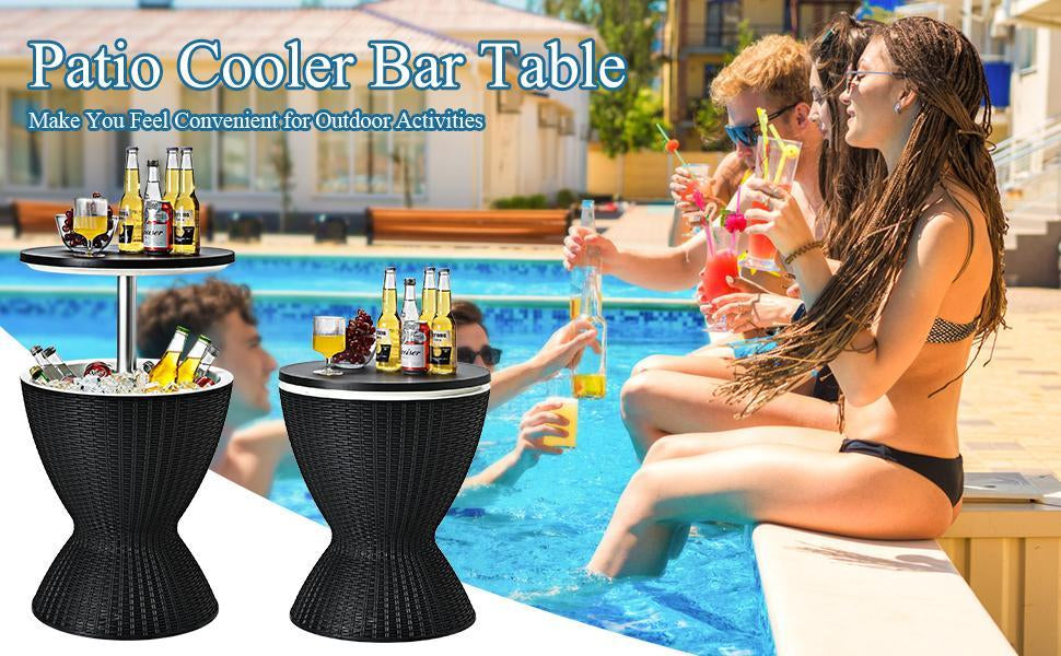 Rattan Bar Table with Ice Cooler – Adjustable Height, 3-in-1 Outdoor Cocktail Table
