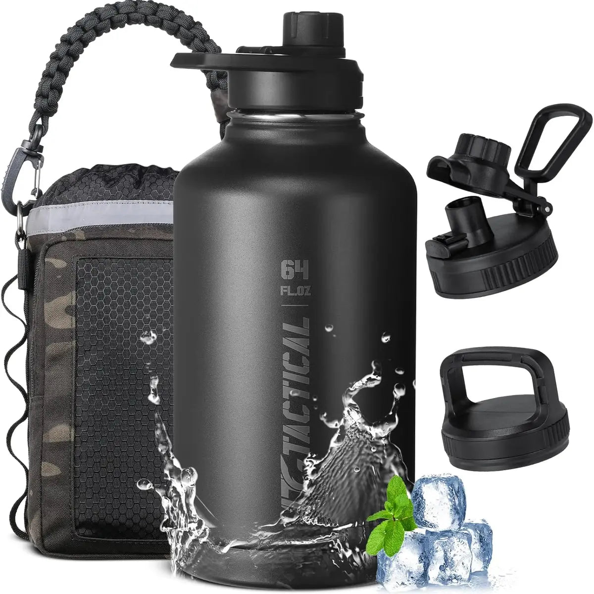 64 oz Tactical Water Bottle – Vacuum Insulated, 3 BPA-Free Lids, Includes MOLLE Pouch