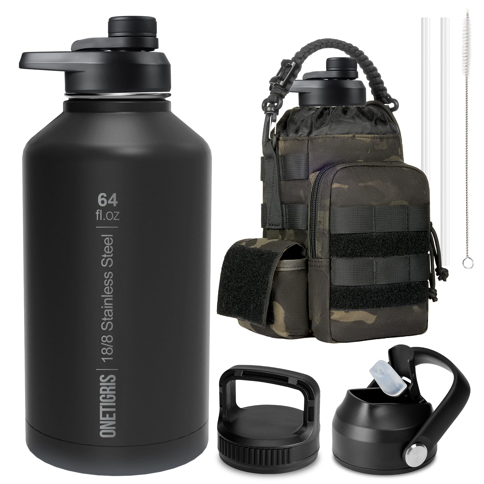 64 oz Tactical Water Bottle – Vacuum Insulated, 3 BPA-Free Lids, Includes MOLLE Pouch