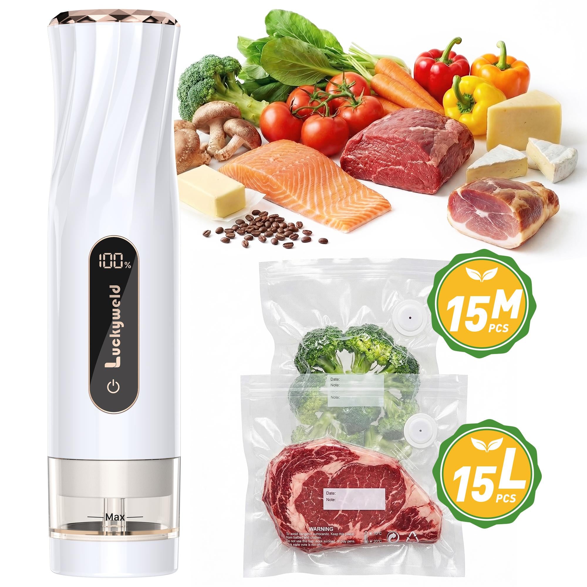 Handheld Vacuum Sealer with Visible Water Tank – 5X Food Freshness, Includes 30 Reusable Bags