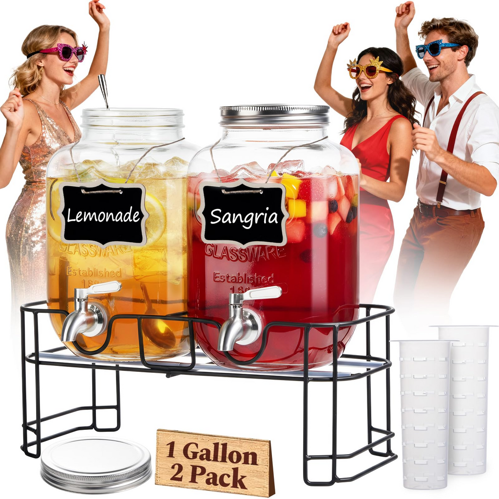 2-Pack 1-Gallon Glass Drink Dispensers – Stainless Steel Spout &Metal Stand 🥤