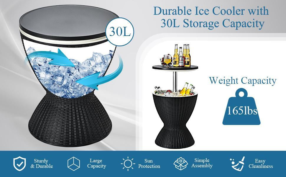 Rattan Bar Table with Ice Cooler – Adjustable Height, 3-in-1 Outdoor Cocktail Table