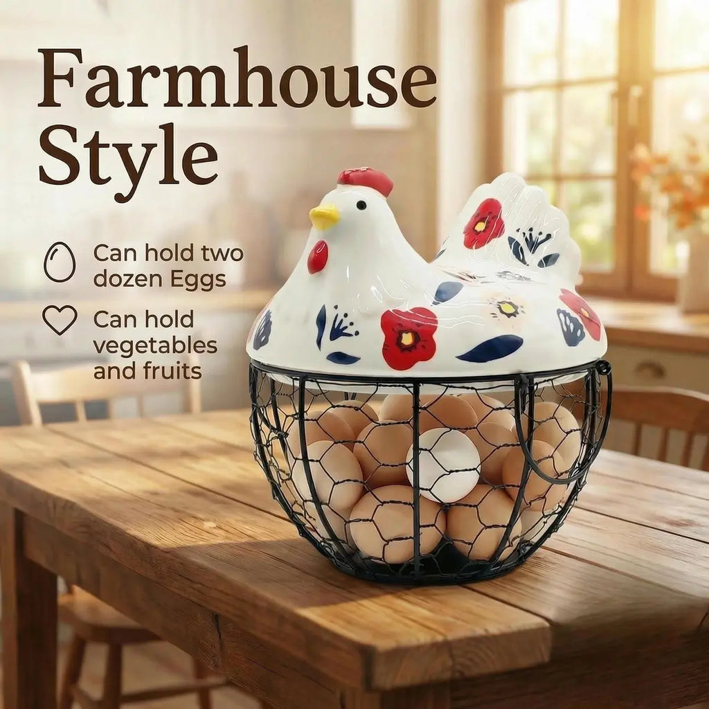 Ceramic Egg Basket with Chicken Lid – Holds 20-25 Eggs, Farmhouse Kitchen Countertop Storage