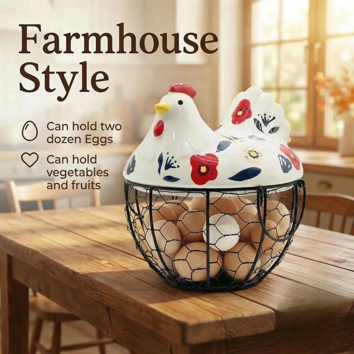 Ceramic Egg Basket with Chicken Lid – Holds 20-25 Eggs, Farmhouse Kitchen Countertop Storage