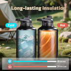 64 oz Tactical Water Bottle – Vacuum Insulated, 3 BPA-Free Lids, Includes MOLLE Pouch