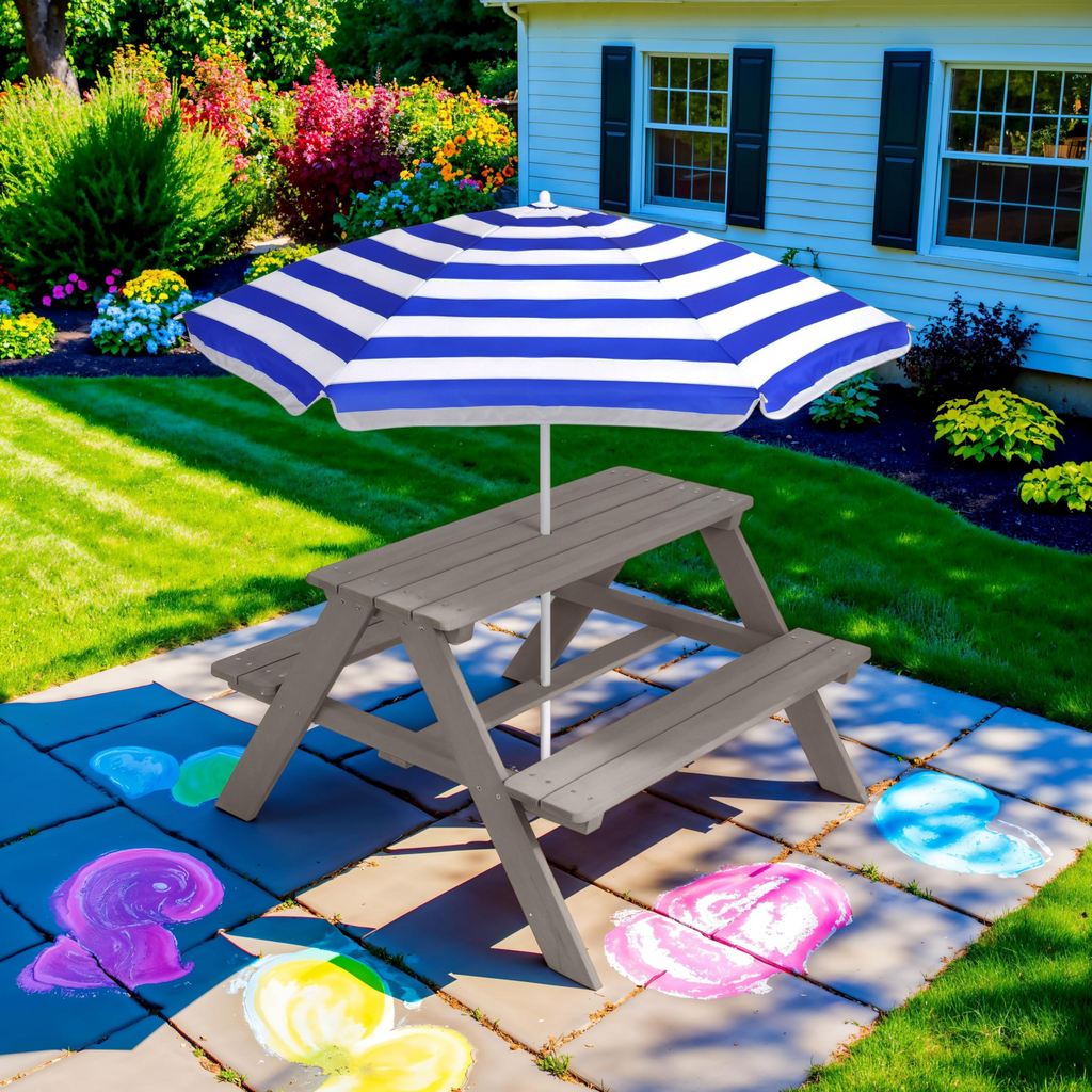 🔥🛟Outdoor essentials🌲Kids Outdoor Picnic Table with Umbrella – Wooden Activity Table, 220 lb Capacity