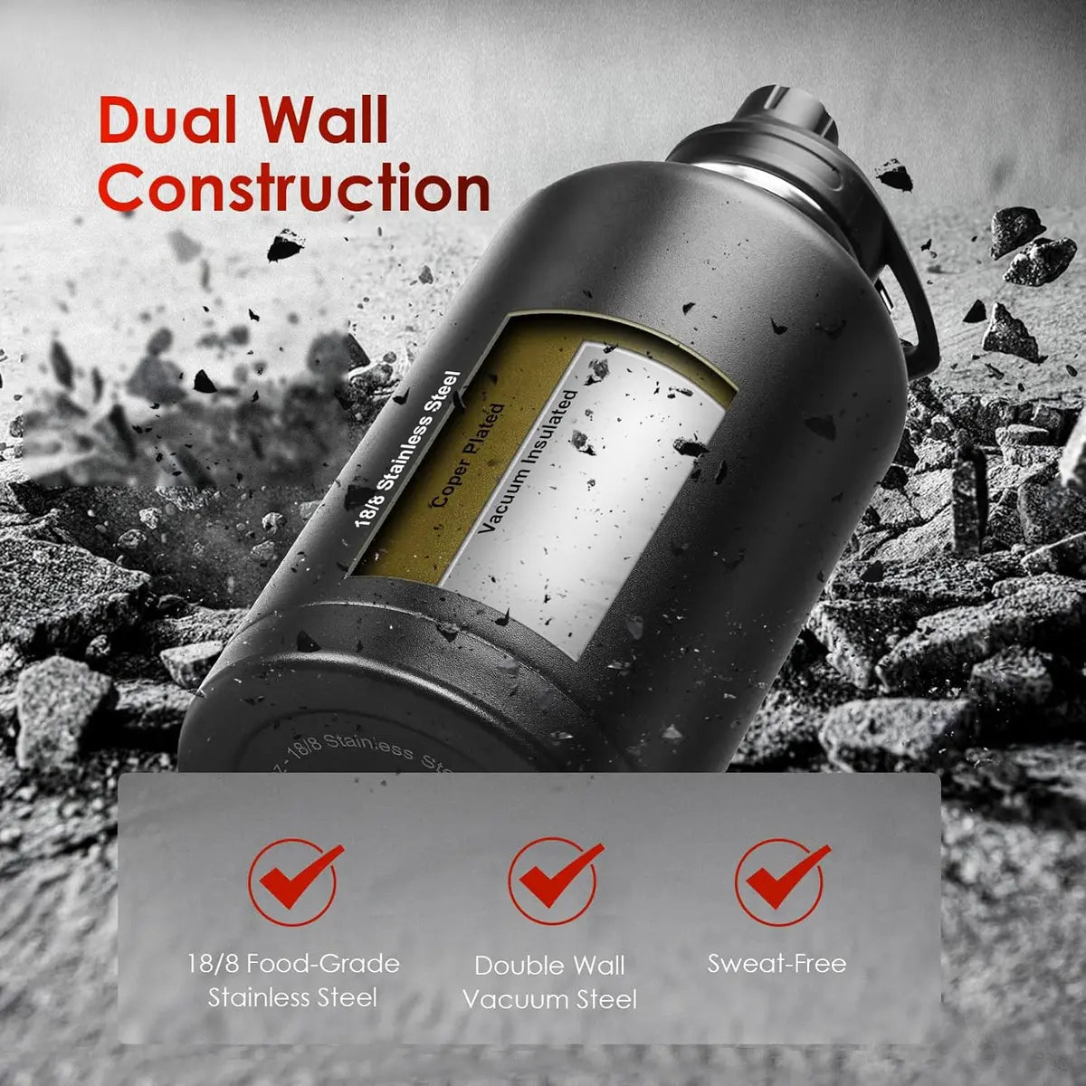 64 oz Tactical Water Bottle – Vacuum Insulated, 3 BPA-Free Lids, Includes MOLLE Pouch