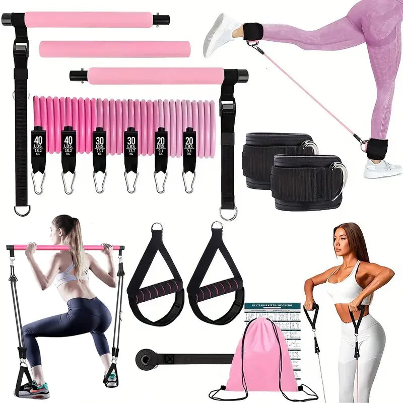 🧘‍♂️💪Adjustable Pilates Bar Kit with Resistance Bands – Full Body Home Workout Equipment