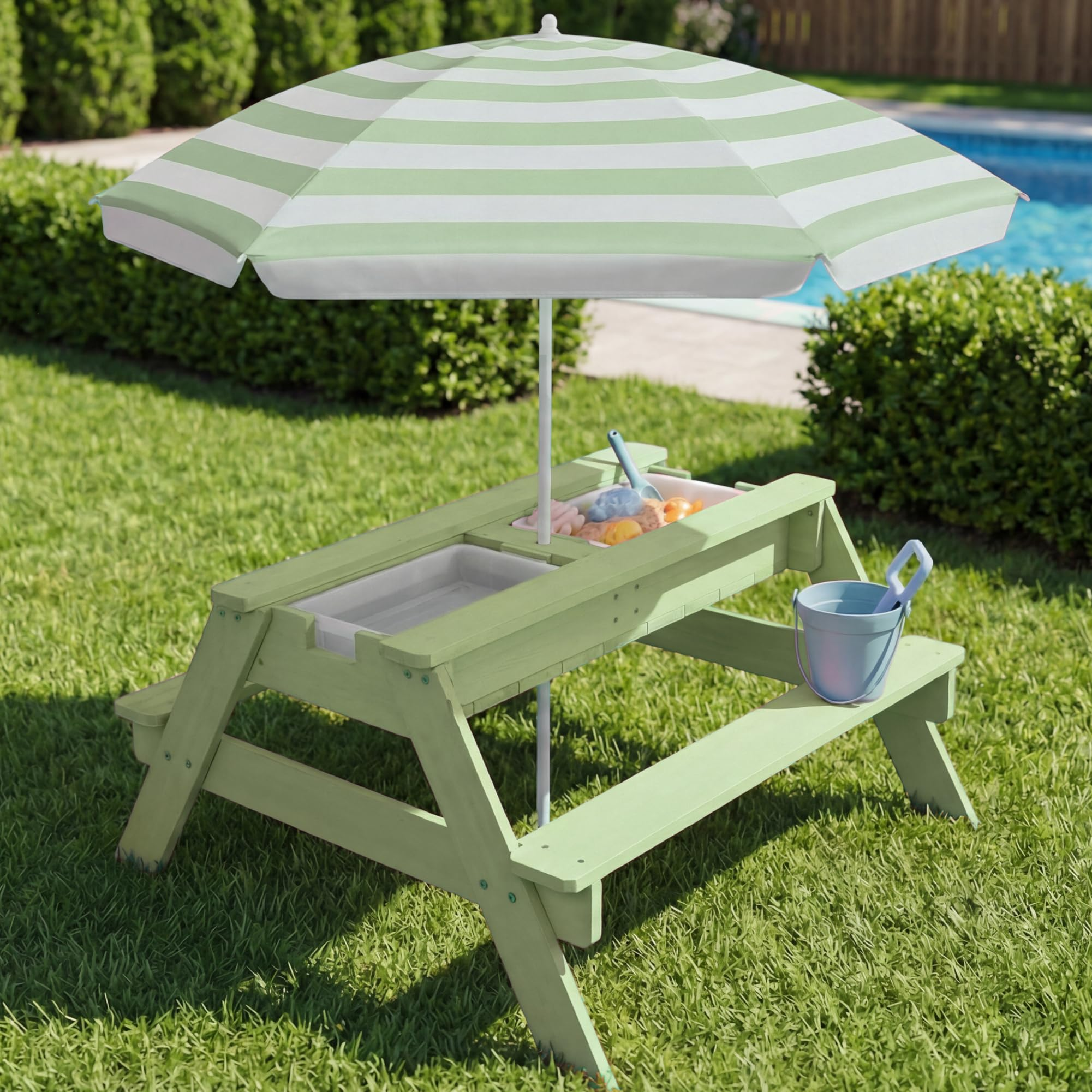 👶Children's Day gift👧Kids 3-in-1 Sand & Water Activity Table with Umbrella – Outdoor Convertible Picnic Table