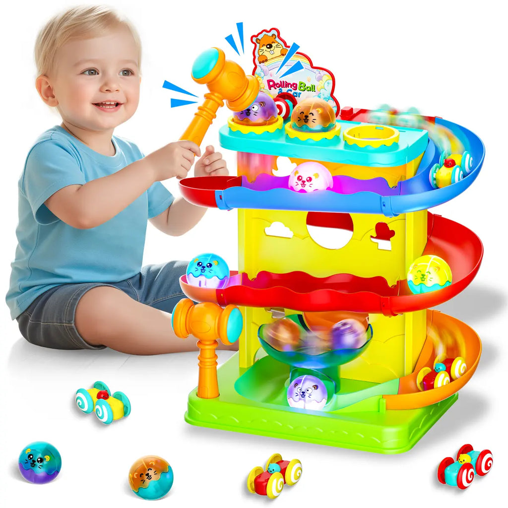 👧🌺Children's Day gift🔥2-in-1 Rolling Ball & Car Ramp Toy – Montessori Learning Game with Hammer & Lights