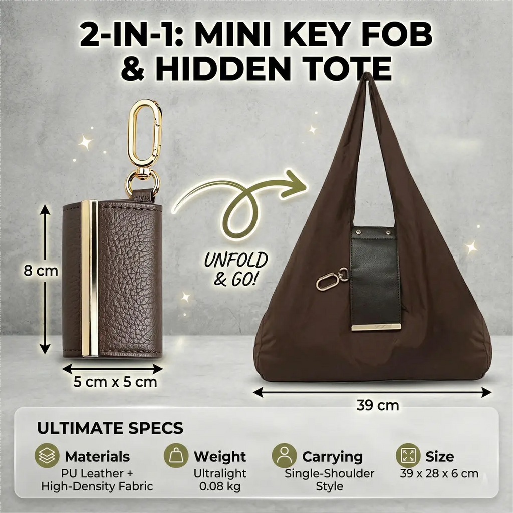 Keychain Foldable Tote Bag – Nylon &Leather, Expandable Design 👜🔑