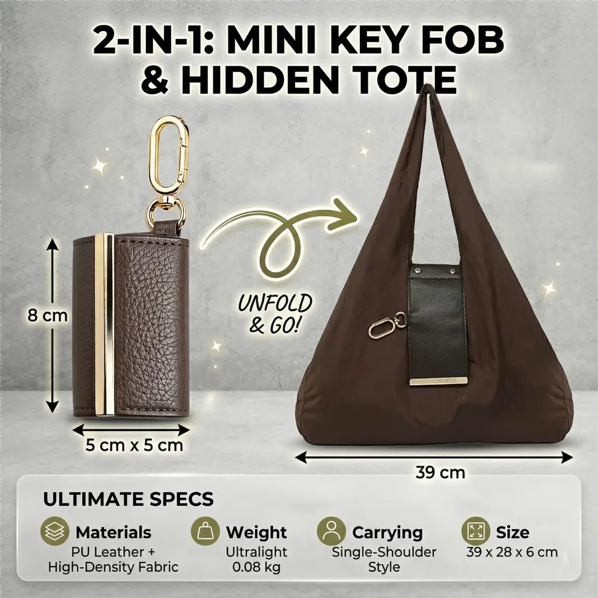 Keychain Foldable Tote Bag – Nylon &Leather, Expandable Design 👜🔑