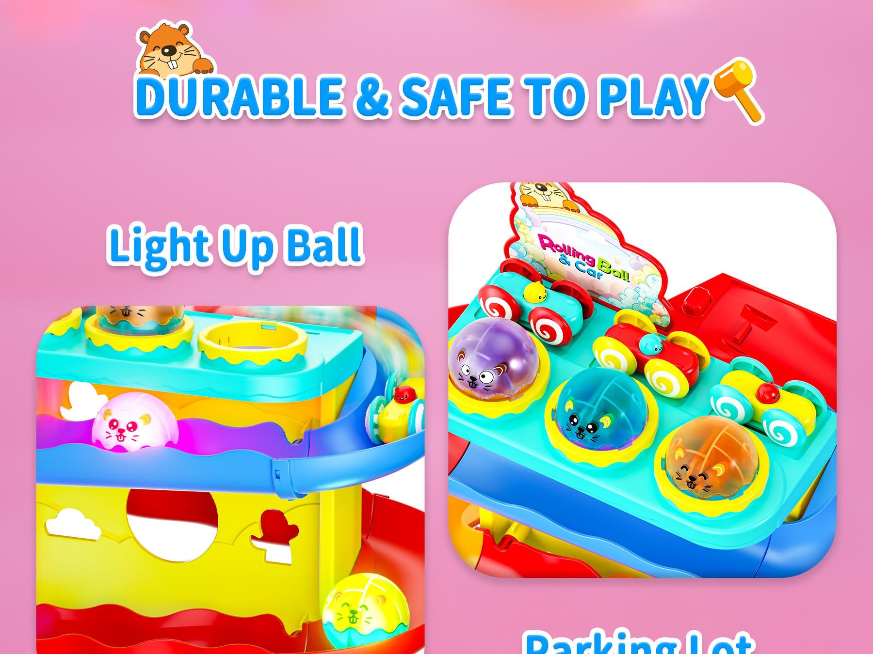 👧🌺Children's Day gift🔥2-in-1 Rolling Ball & Car Ramp Toy – Montessori Learning Game with Hammer & Lights