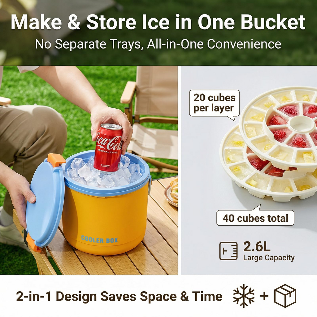 2-in-1 Ice Maker & Storage Bucket – Makes 40 Cubes, Insulated & Portable 🧊🪣