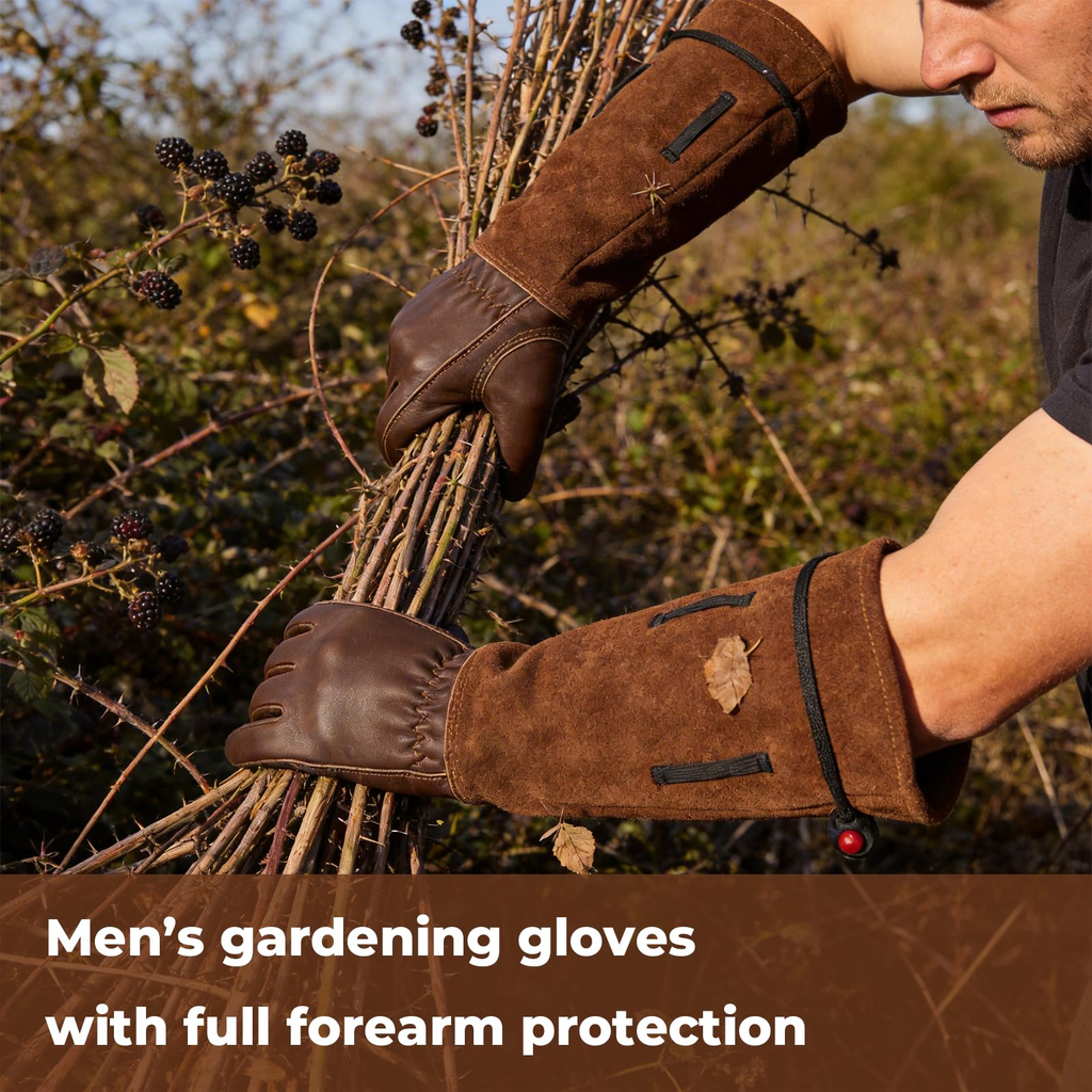 Leather Gardening Gloves – Long Cuff, Adjustable Strap, Sun & Dirt Protection