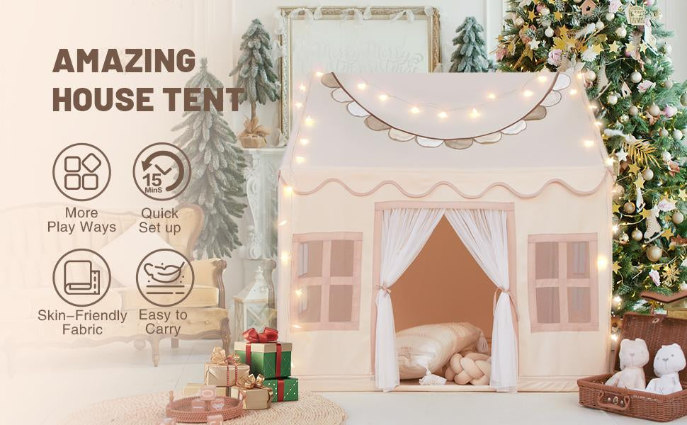 Beige Kids Play Tent with Star Lights &Mat – 47″ Playhouse 🎪🌟