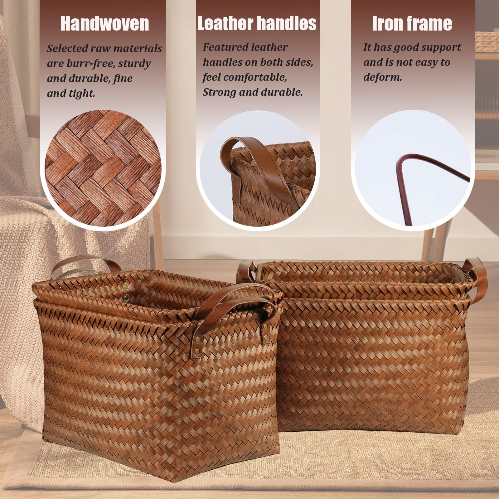 Handwoven Wicker Storage Baskets – Set of 4&8, Vegan Leather Handles 🧺