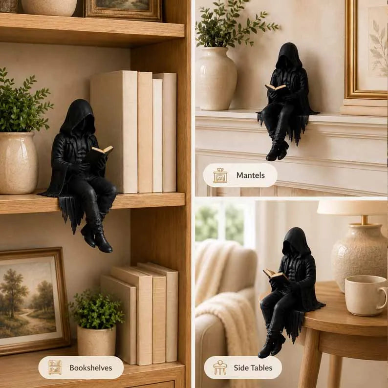 Gothic Dark Fantasy Book Guardian Resin Figure – Hooded Reader Statue 🖤📖🌙