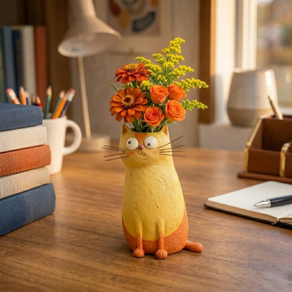 Handcrafted Whimsical Cat Vase – 7.5" Quirky Ornament 😻💐
