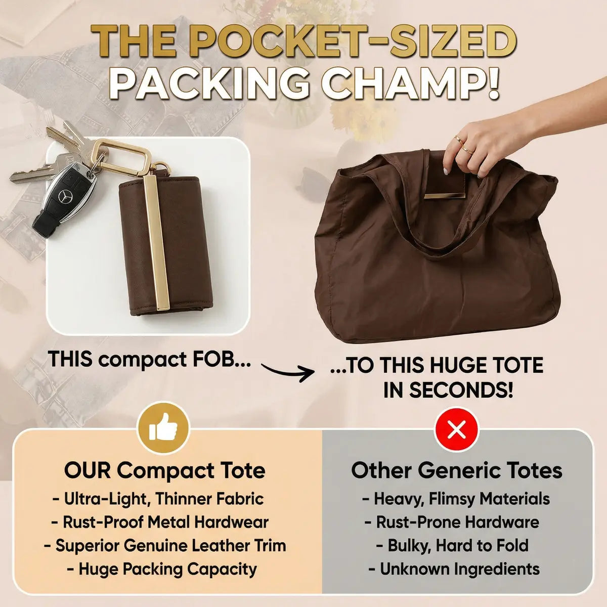 Keychain Foldable Tote Bag – Nylon &Leather, Expandable Design 👜🔑