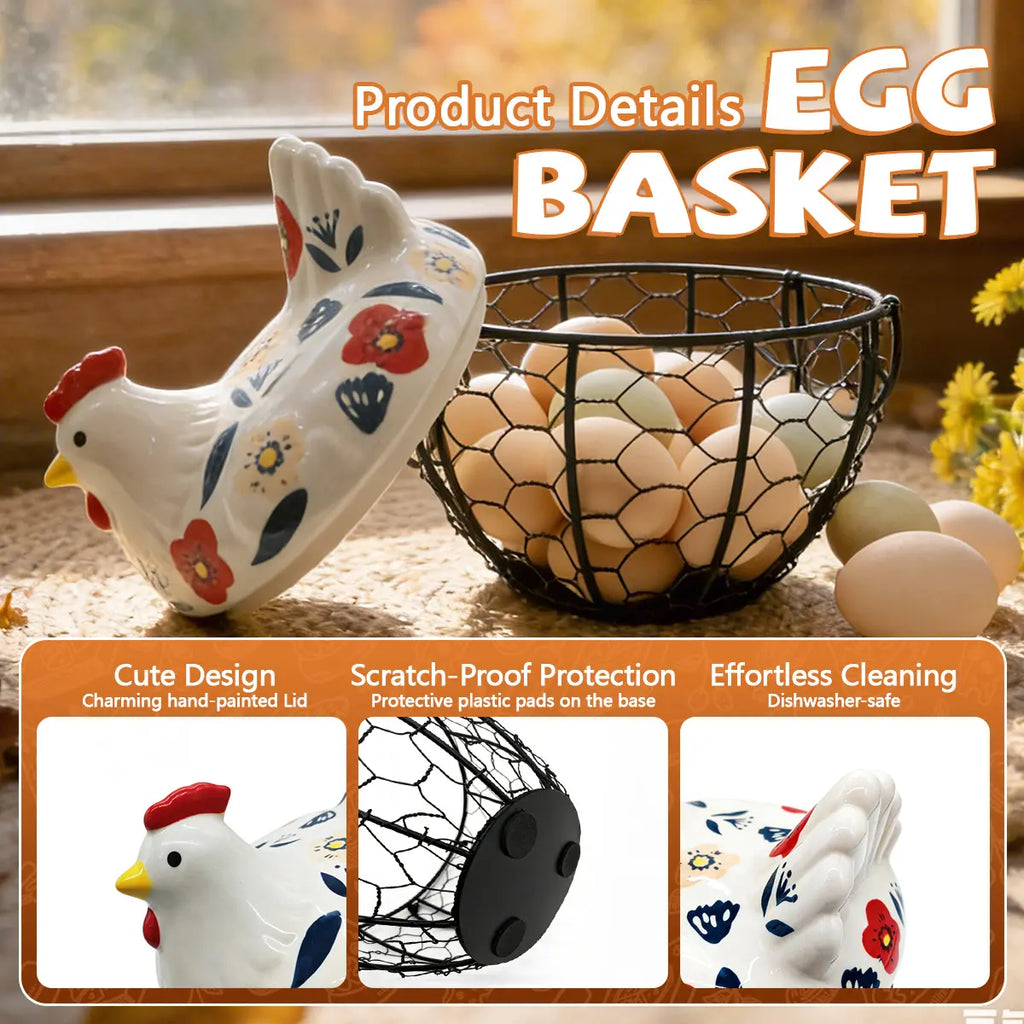 Ceramic Egg Basket with Chicken Lid – Holds 20-25 Eggs, Farmhouse Kitchen Countertop Storage