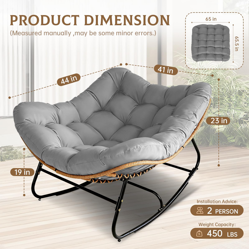 Oversized Wicker Papasan Rocking Chair with Cushion – 450 lb Capacity, Indoor/Outdoor Lounge Chair