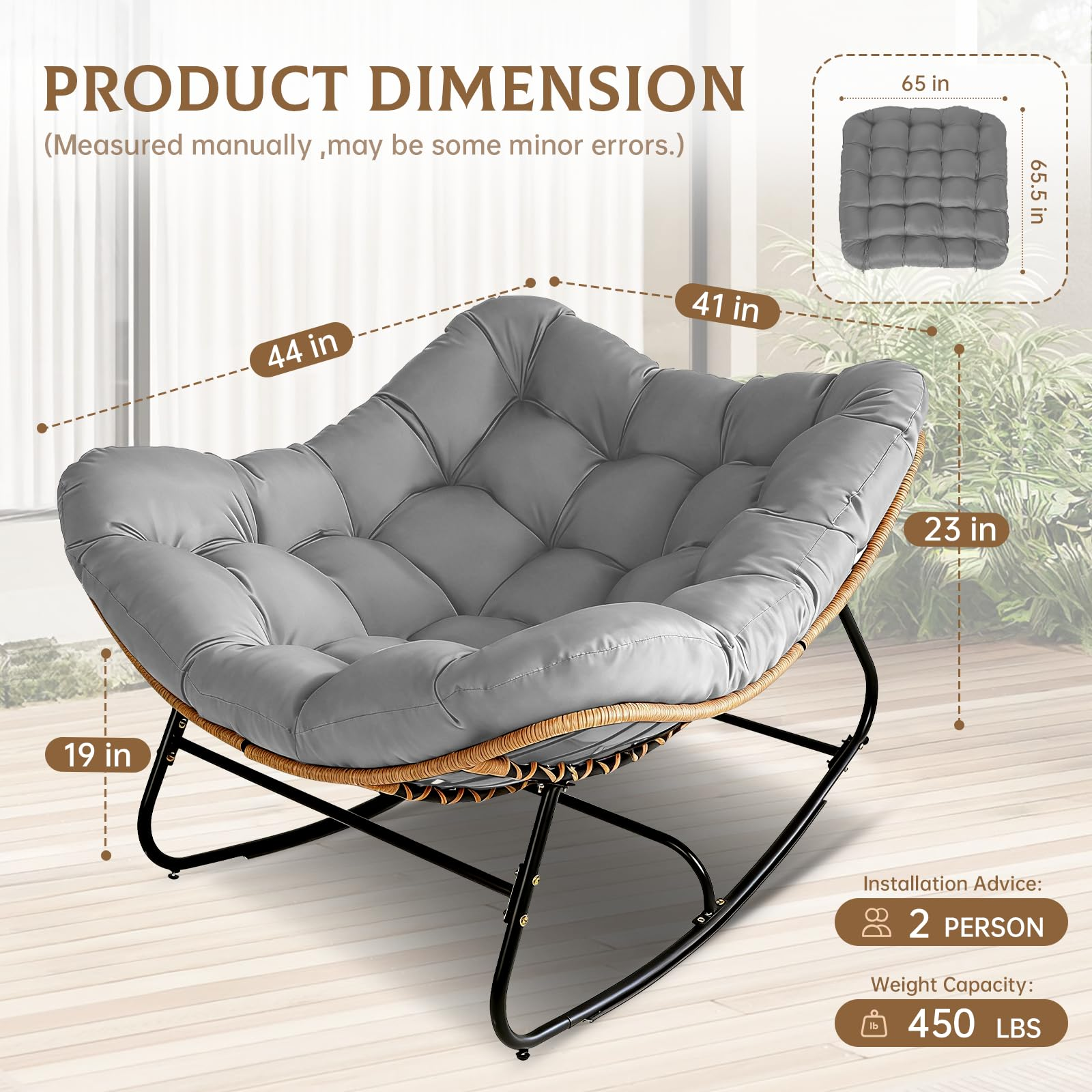 Oversized Wicker Papasan Rocking Chair with Cushion – 450 lb Capacity, Indoor/Outdoor Lounge Chair