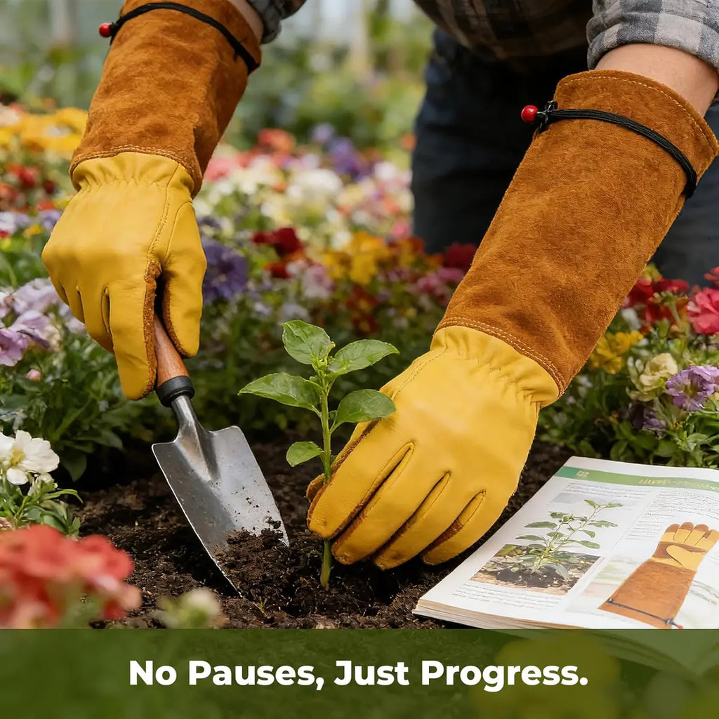 Leather Gardening Gloves – Long Cuff, Adjustable Strap, Sun & Dirt Protection