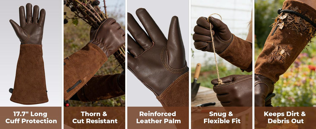 Leather Gardening Gloves – Long Cuff, Adjustable Strap, Sun & Dirt Protection