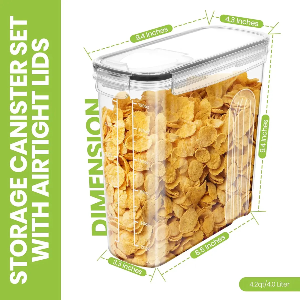 Kitchen 4-Pack Airtight Cereal Containers – 4L, BPA-Free, Leakproof Pantry Storage