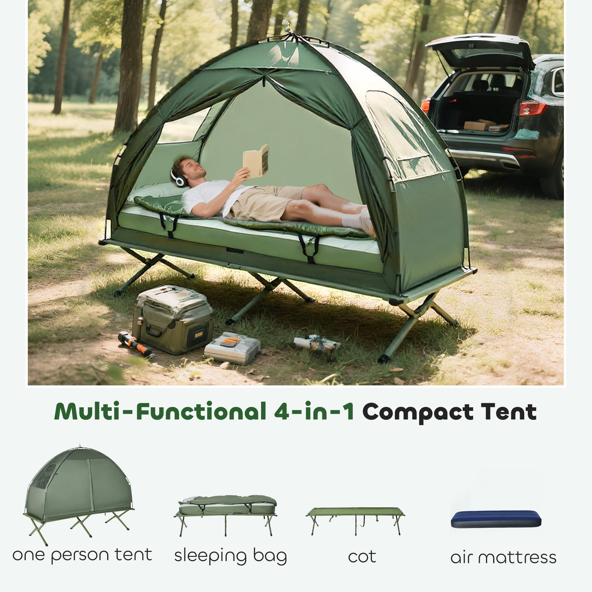 Outsunny 4-in-1 Foldable Camping Cot with Tent & Mattress