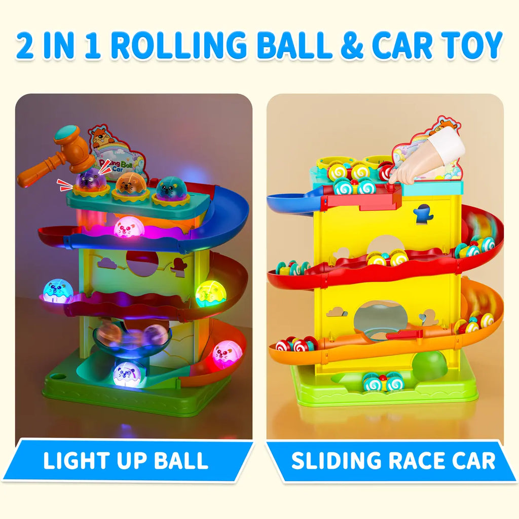 👧🌺Children's Day gift🔥2-in-1 Rolling Ball & Car Ramp Toy – Montessori Learning Game with Hammer & Lights