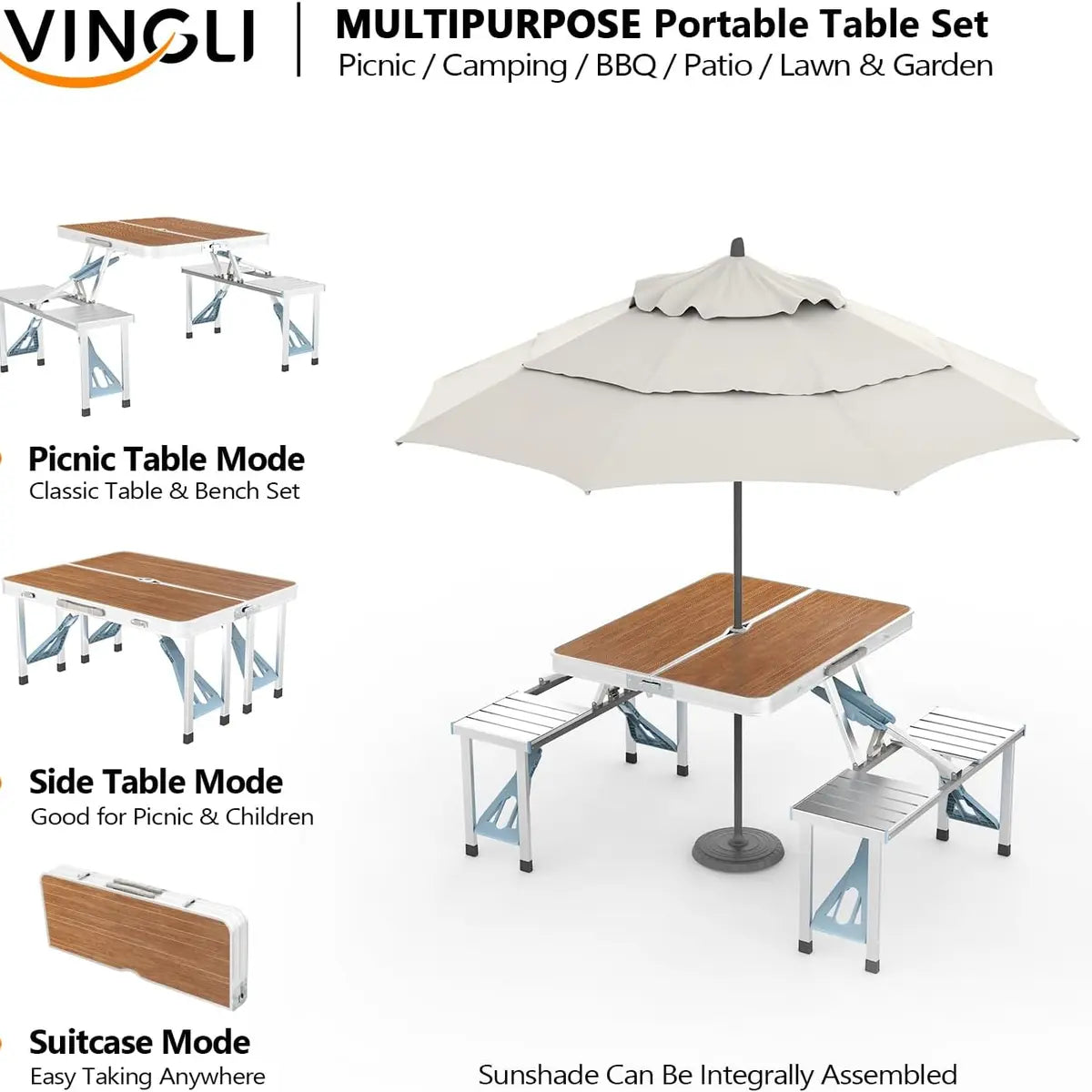 4ft Folding Camping Table Set with 4 Seats – Lightweight Portable Picnic & RV Table with Umbrella Hole, 220lb Support