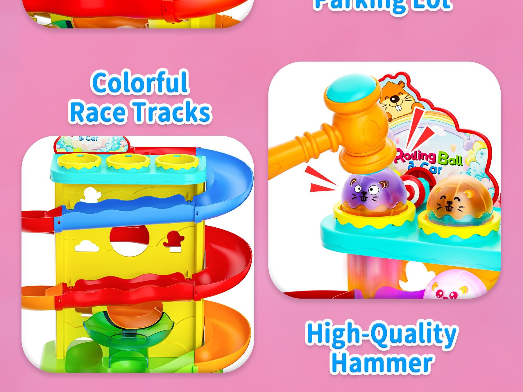 👧🌺Children's Day gift🔥2-in-1 Rolling Ball & Car Ramp Toy – Montessori Learning Game with Hammer & Lights