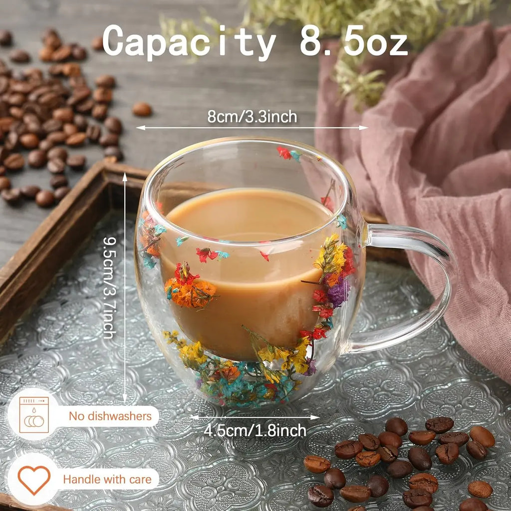 Double Layer Dried Flower Glass Mug – 10oz Tea &Coffee Cup 🌸🍵
