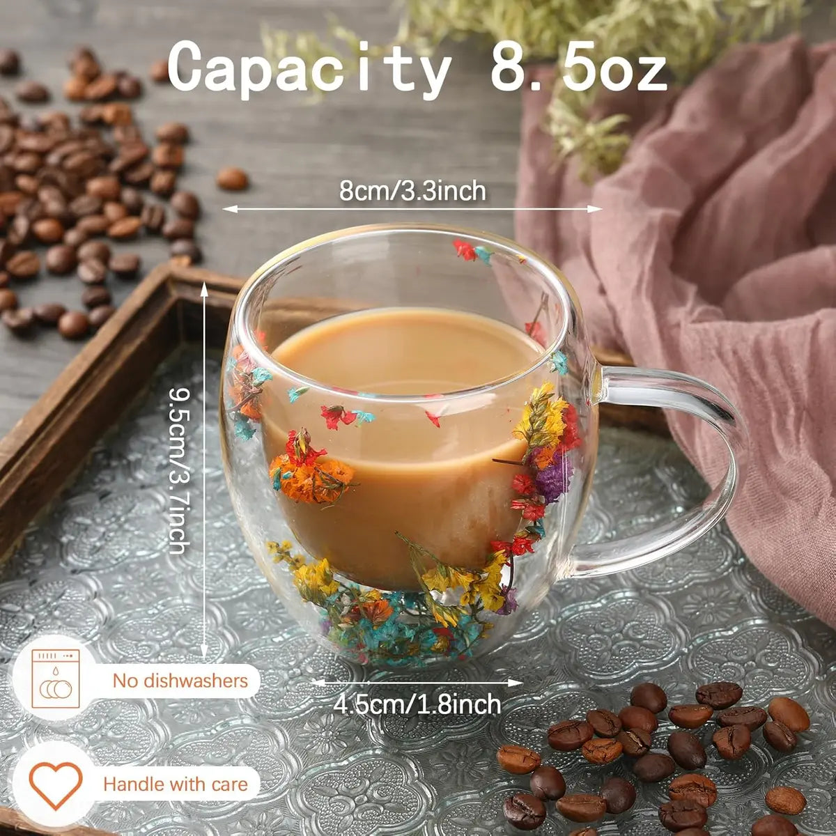 Double Layer Dried Flower Glass Mug – 10oz Tea &Coffee Cup 🌸🍵