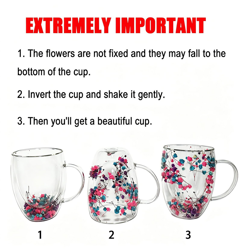 Double Layer Dried Flower Glass Mug – 10oz Tea &Coffee Cup 🌸🍵