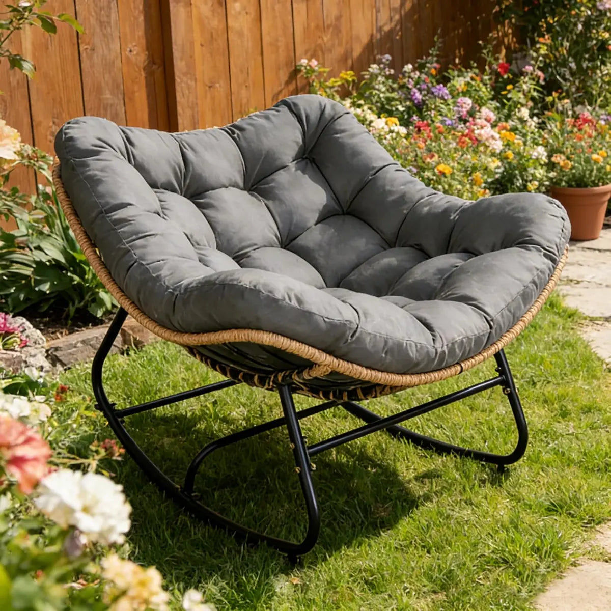Oversized Wicker Papasan Rocking Chair with Cushion – 450 lb Capacity, Indoor/Outdoor Lounge Chair