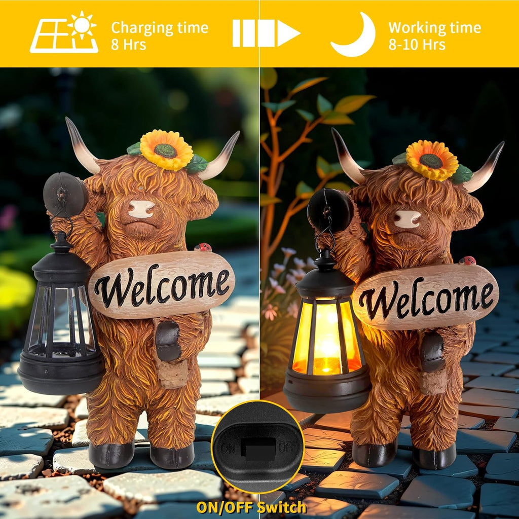 Highland Cow Garden Lantern Statue – Solar-Powered Farmhouse Welcome 🐄🏡