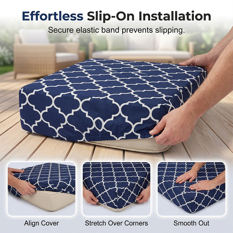 Stretch Patio Cushion Covers – Navy Trellis, Splash-Resistant 🛋️🌊