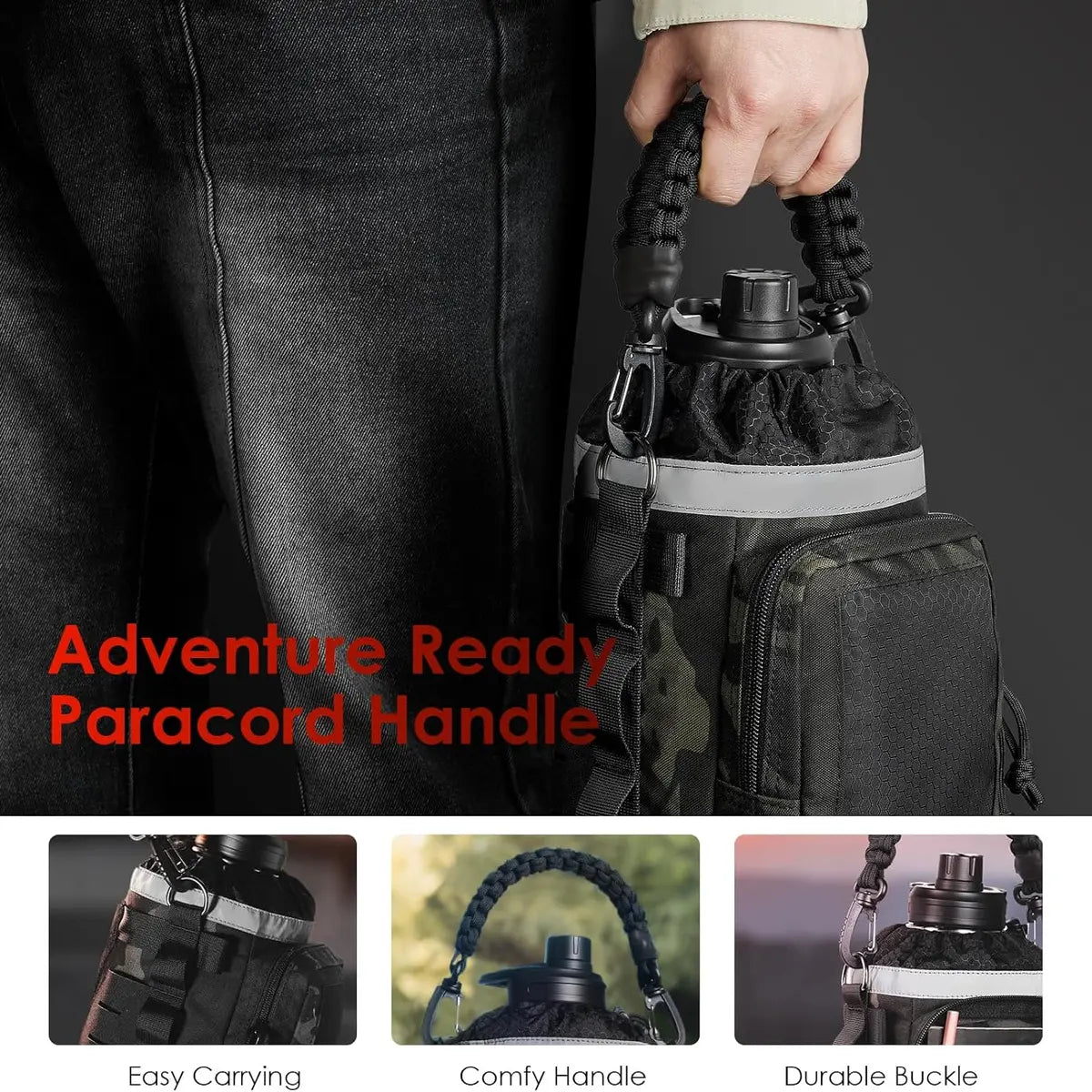 64 oz Tactical Water Bottle – Vacuum Insulated, 3 BPA-Free Lids, Includes MOLLE Pouch