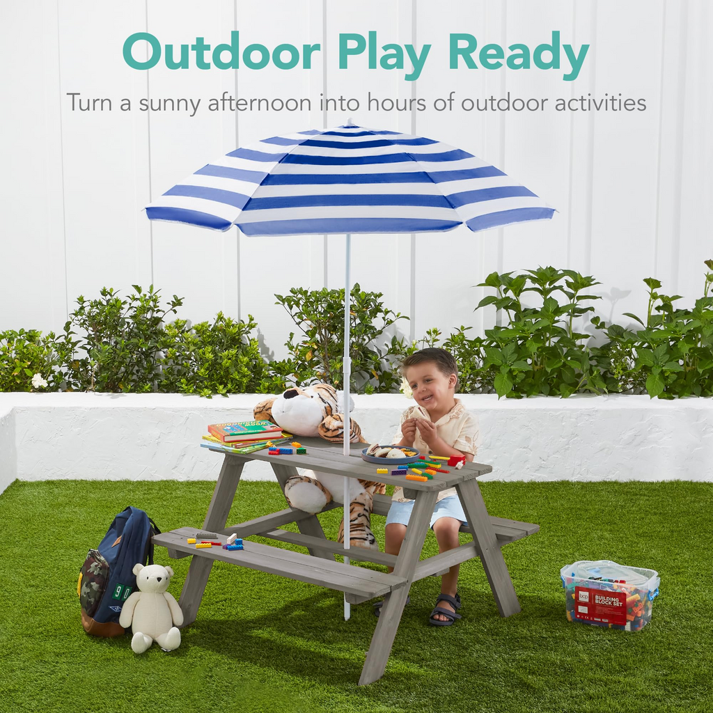 🔥🛟Outdoor essentials🌲Kids Outdoor Picnic Table with Umbrella – Wooden Activity Table, 220 lb Capacity