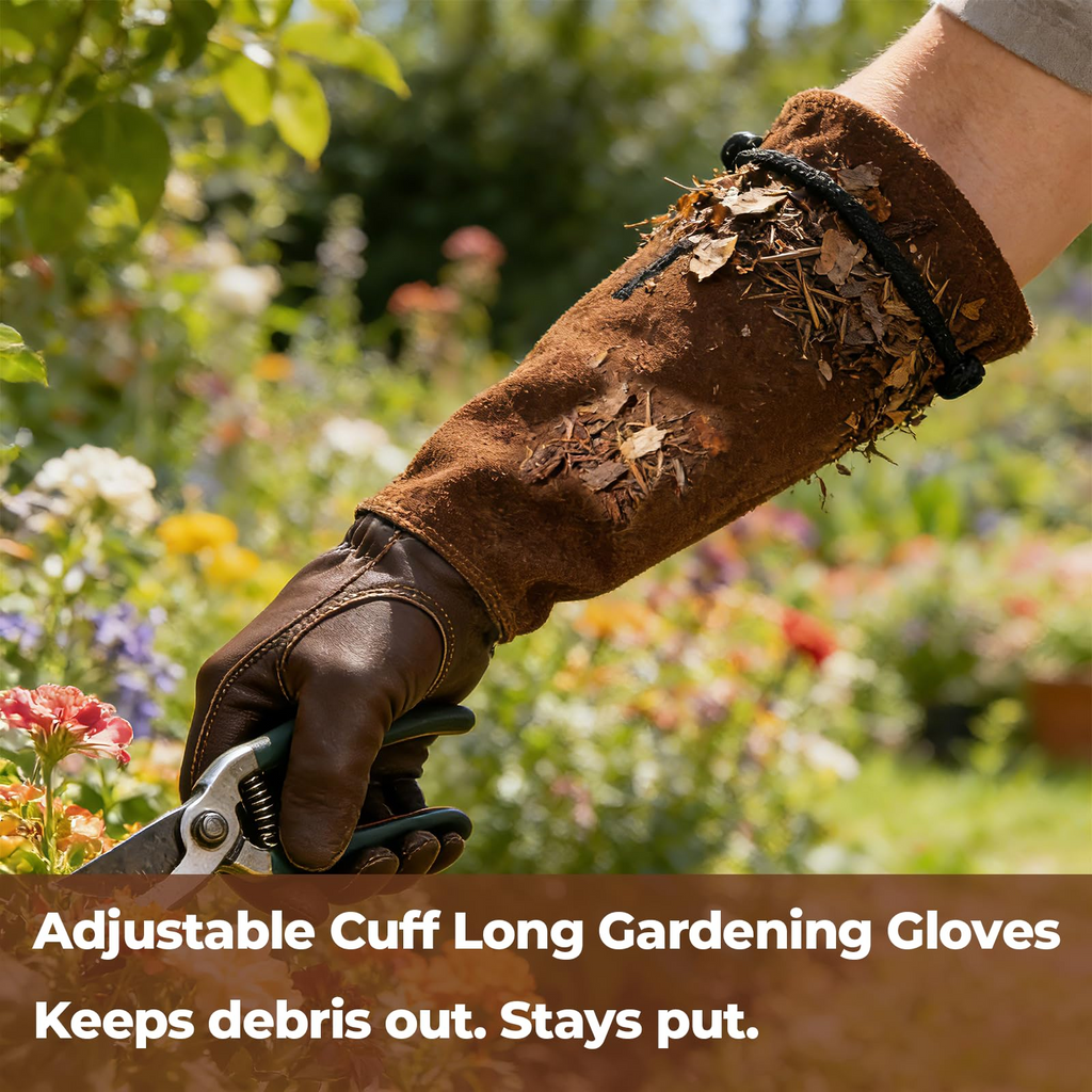 Leather Gardening Gloves – Long Cuff, Adjustable Strap, Sun & Dirt Protection