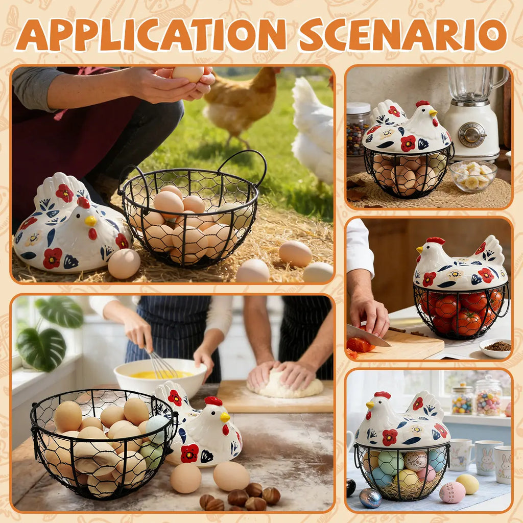 Ceramic Egg Basket with Chicken Lid – Holds 20-25 Eggs, Farmhouse Kitchen Countertop Storage