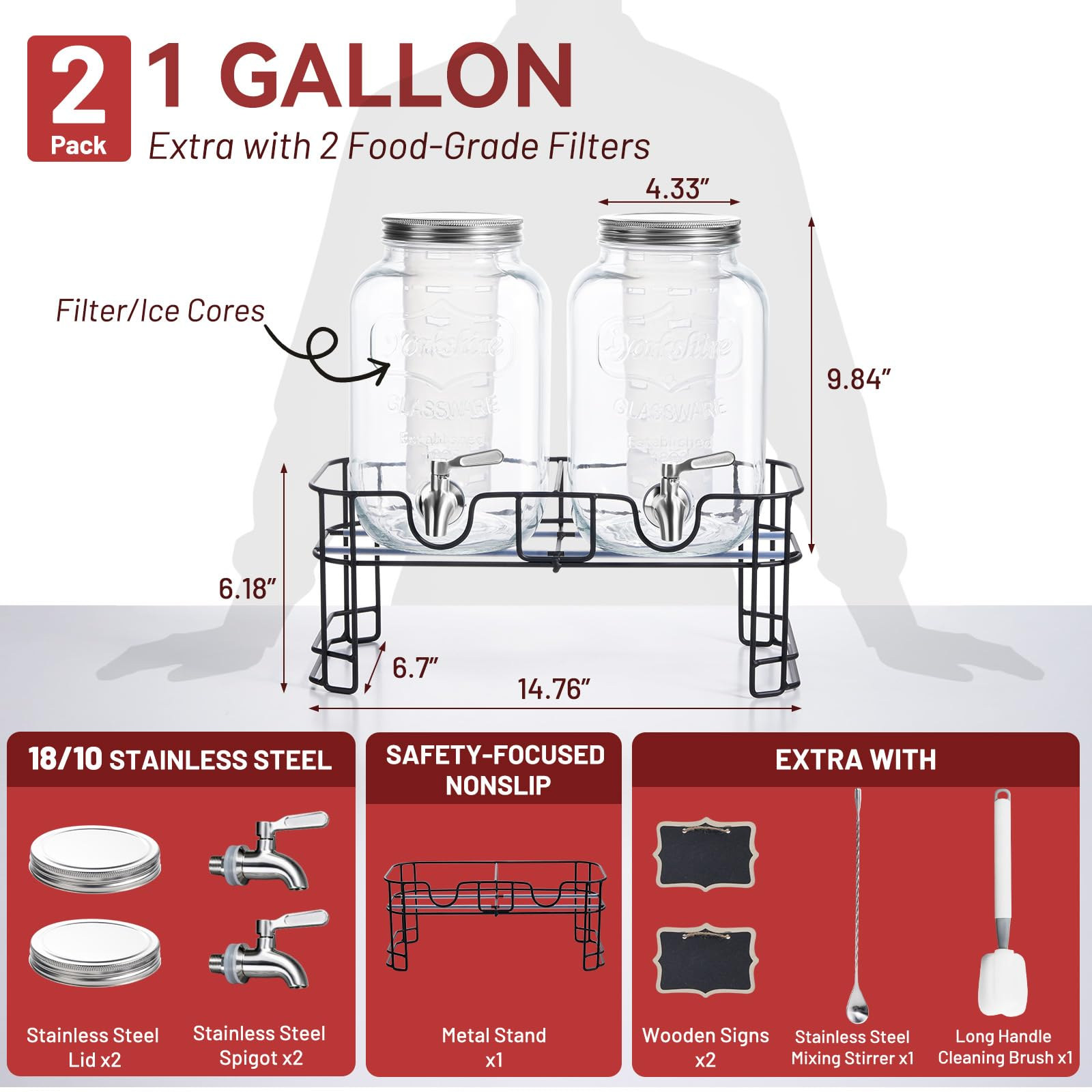 2-Pack 1-Gallon Glass Drink Dispensers – Stainless Steel Spout &Metal Stand 🥤